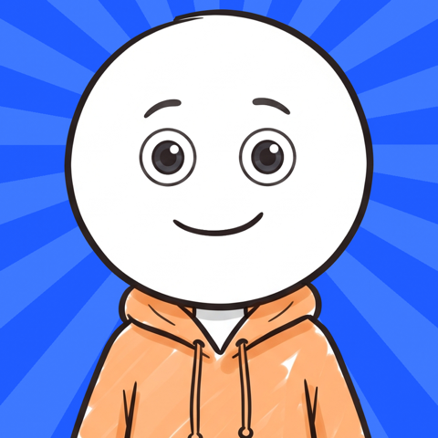 Spiro: a round white head with a calm smile, in an orange hoodie